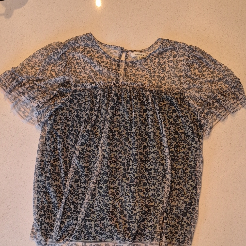 Max Studio Blue Floral Mesh Top on Cream